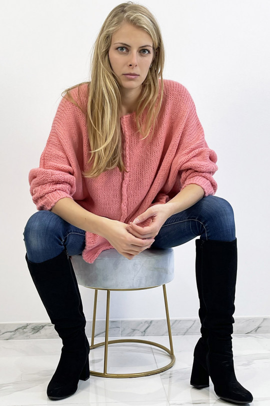 Long loose pink knit effect sweater with braid detail in the center - 11