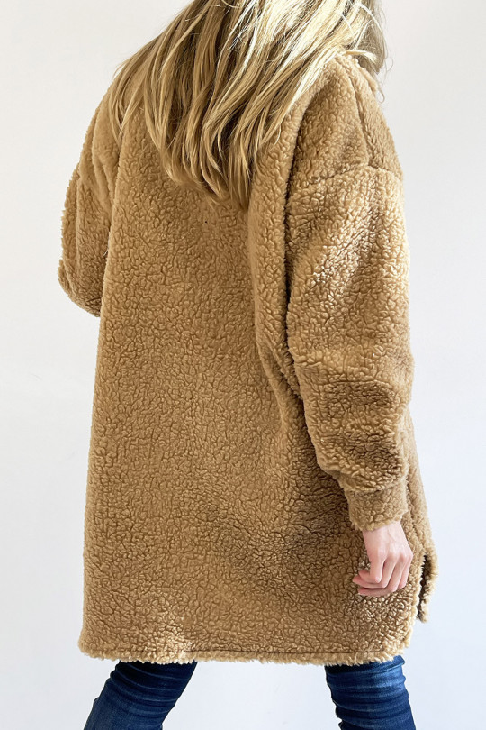 Veste style chemise camel longue effet moumoute avec bouton assez légère hyper tendance - 1