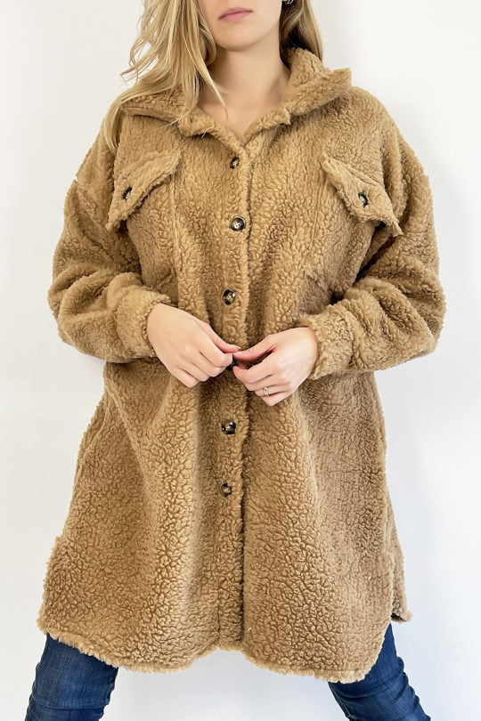 Long camel shirt-style jacket with toupee effect with quite light hyper trendy button - 5
