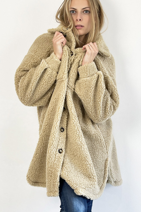 Lang beige jasje in overhemdstijl met toupetje-effect met vrij lichte hypertrendy knoop - 3