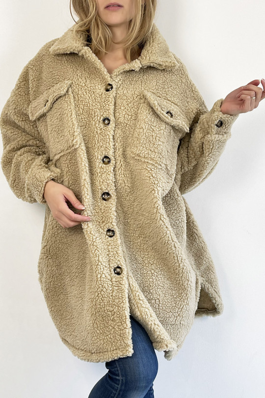 Lang beige jasje in overhemdstijl met toupetje-effect met vrij lichte hypertrendy knoop - 5