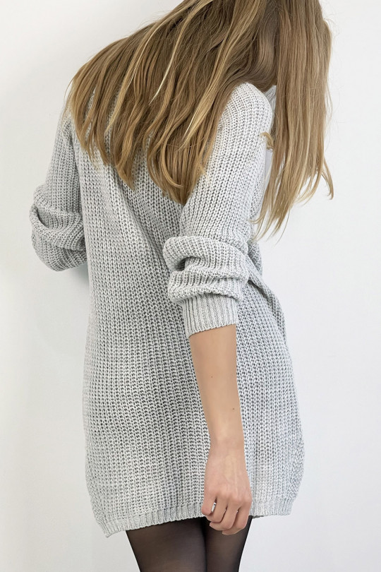 Gray sweater dress turtleneck straight cut mesh effect slightly split on the sides - 1