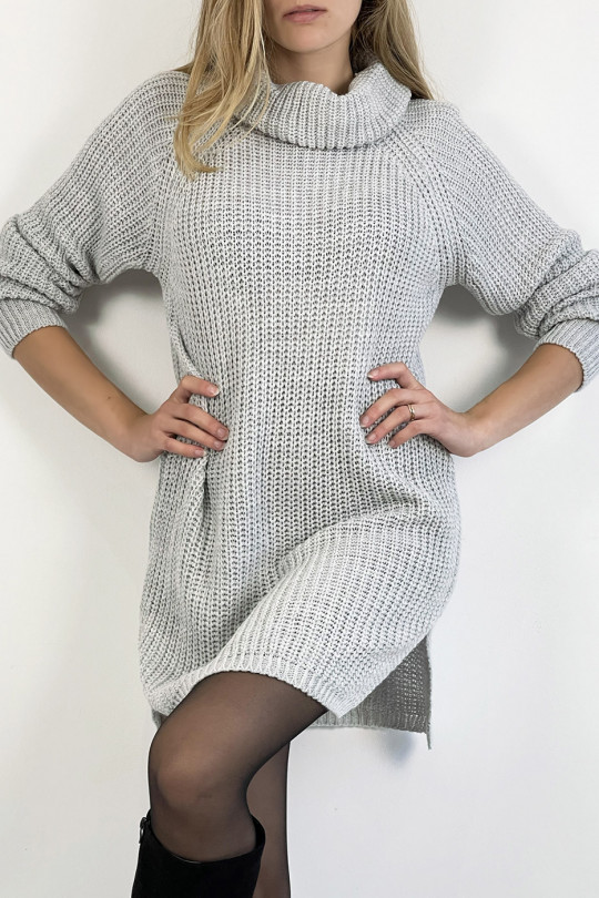 Gray sweater dress turtleneck straight cut mesh effect slightly split on the sides - 3