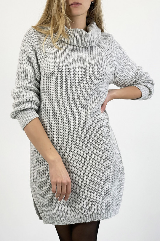 Gray sweater dress turtleneck straight cut mesh effect slightly split on the sides - 4