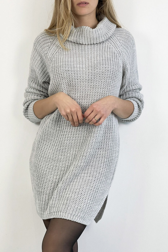 Gray sweater dress turtleneck straight cut mesh effect slightly split on the sides - 5
