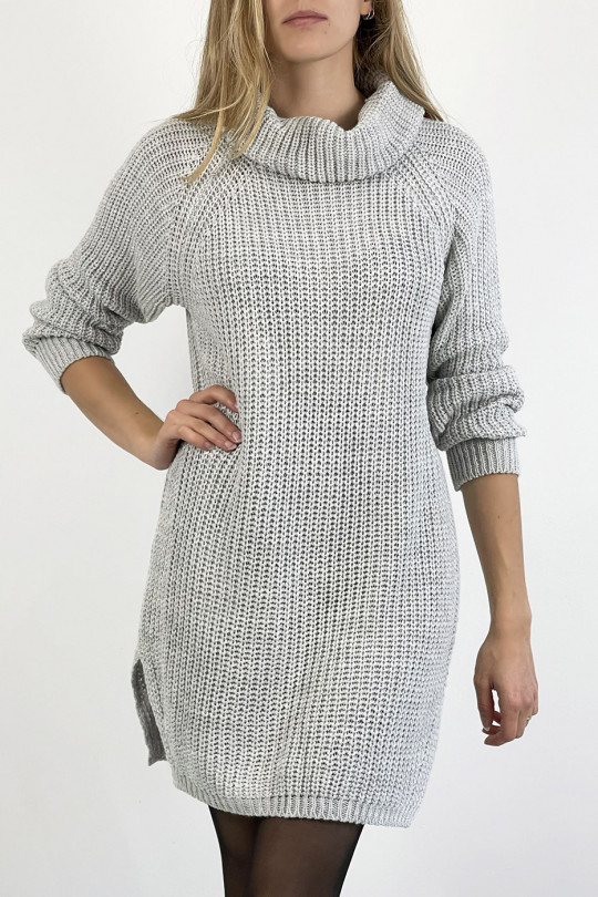 Gray sweater dress turtleneck straight cut mesh effect slightly split on the sides - 6