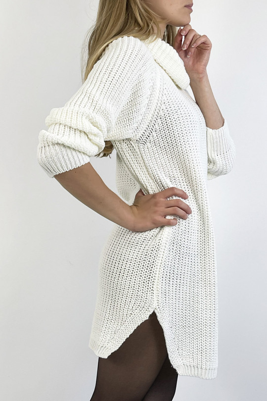 White sweater dress turtleneck straight cut mesh effect slightly split on the sides - 4