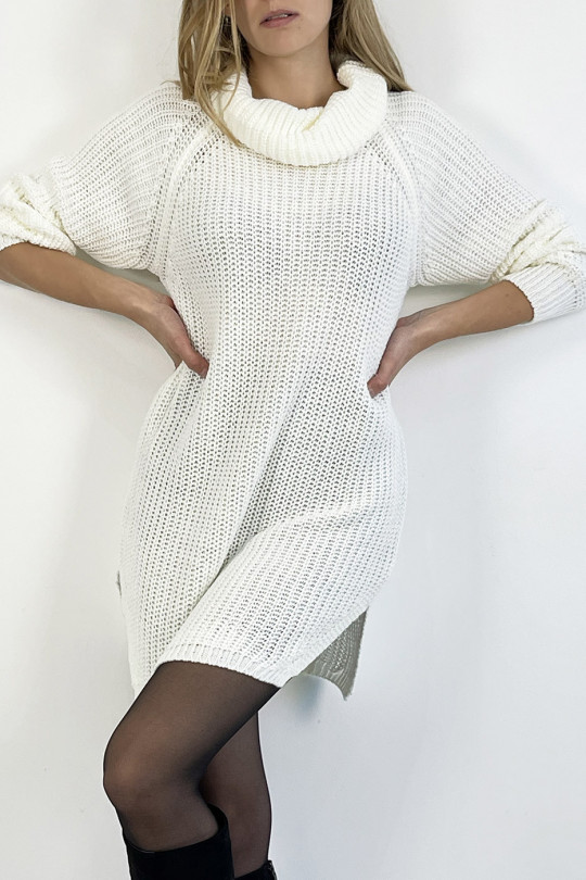 Witte sweaterjurk coltrui recht gesneden mesh-effect licht gespleten aan de zijkanten - 6