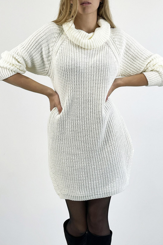 White sweater dress turtleneck straight cut mesh effect slightly split on the sides - 7