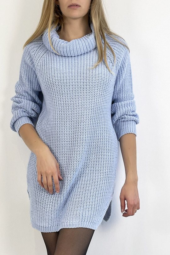 Turquoise sweater dress turtleneck straight cut mesh effect slightly split on the sides - 5