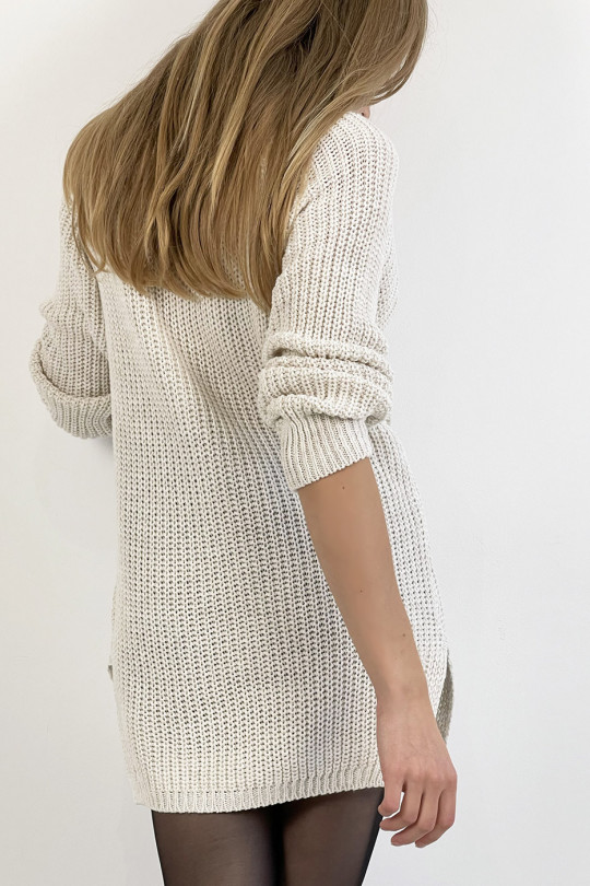 Beige turtleneck sweater dress with straight cut mesh effect slightly split on the sides - 1