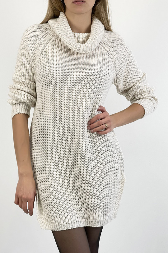 Beige turtleneck sweater dress with straight cut mesh effect slightly split on the sides - 4