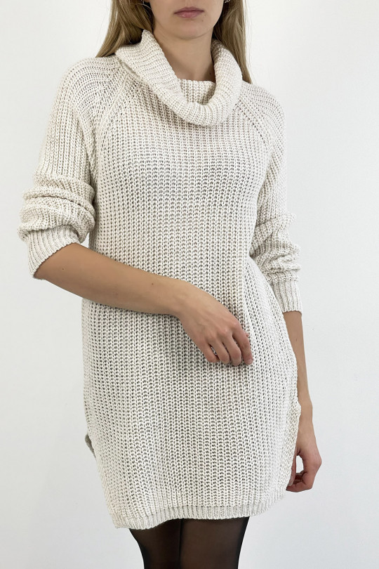 Beige turtleneck sweater dress with straight cut mesh effect slightly split on the sides - 5