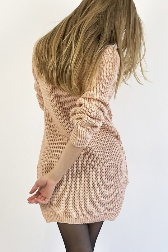 Pink turtleneck sweater dress with straight cut mesh effect slightly split on the sides - 1