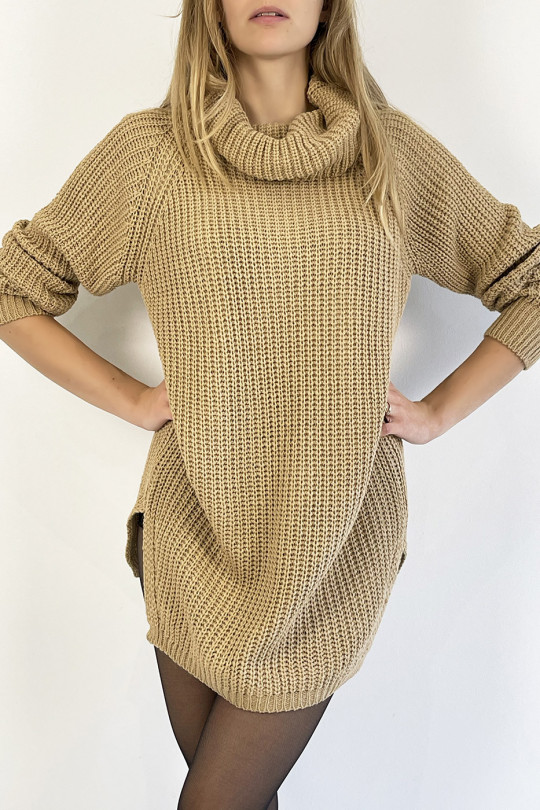 Camel turtleneck sweater dress with straight cut mesh effect slightly split on the sides - 1