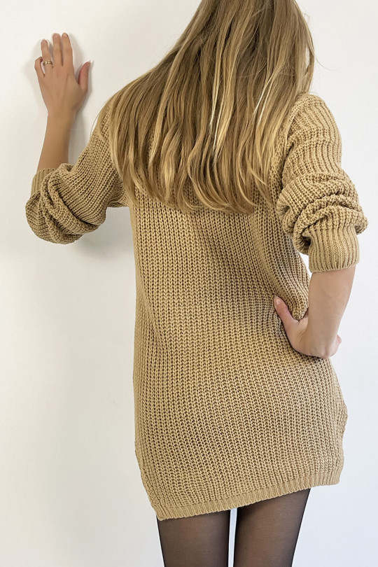 Camel turtleneck sweater dress with straight cut mesh effect slightly split on the sides - 3