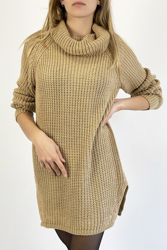 Camel turtleneck sweater dress with straight cut mesh effect slightly split on the sides - 5