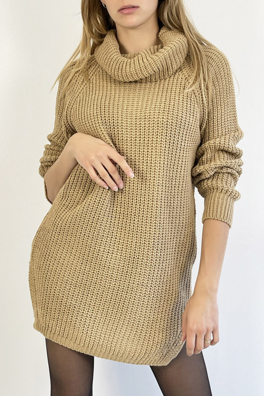 Camel turtleneck sweater dress with straight cut mesh effect slightly split on the sides - 6