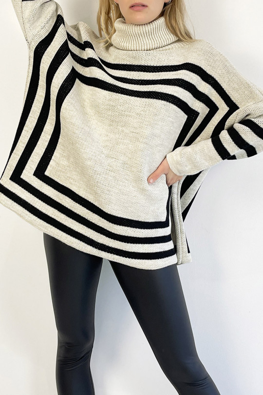 Beige turtleneck sweater with mesh effect and geometric shape pattern that restructures the silhouette - 3
