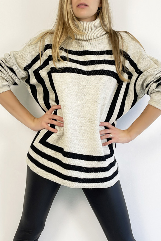 Beige turtleneck sweater with mesh effect and geometric shape pattern that restructures the silhouette - 8