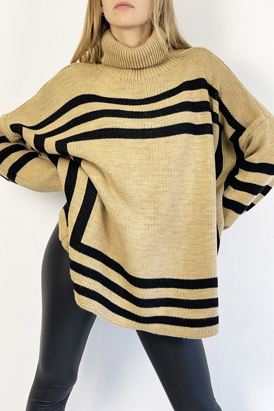Camel turtleneck sweater with a geometric shape pattern that restructures the silhouette - 4