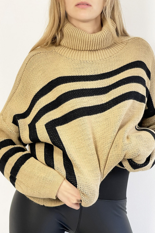 Camel turtleneck sweater with a geometric shape pattern that restructures the silhouette - 5