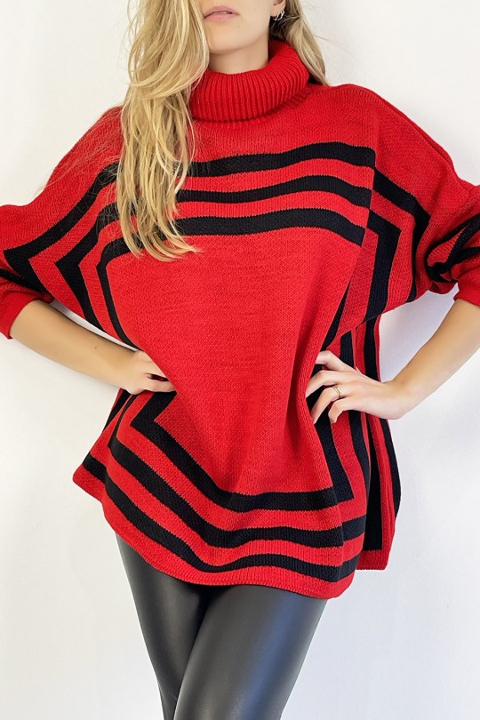 Pull rouge col roulé effet maille motif forme géométrique qui restructure la silhouette - 5 Pull rouge col roulé effet maille motif forme géométrique qui restructure la silhouette - 5