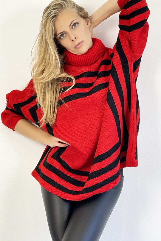 Pull rouge col roulé effet maille motif forme géométrique qui restructure la silhouette - 6 Pull rouge col roulé effet maille motif forme géométrique qui restructure la silhouette - 6