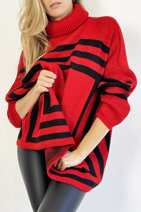 Pull rouge col roulé effet maille motif forme géométrique qui restructure la silhouette - 7 Pull rouge col roulé effet maille motif forme géométrique qui restructure la silhouette - 7