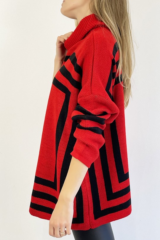 Pull rouge col roulé effet maille motif forme géométrique qui restructure la silhouette - 8 Pull rouge col roulé effet maille motif forme géométrique qui restructure la silhouette - 8
