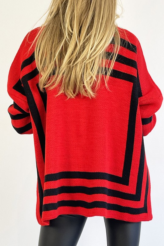 Pull rouge col roulé effet maille motif forme géométrique qui restructure la silhouette - 9 Pull rouge col roulé effet maille motif forme géométrique qui restructure la silhouette - 9