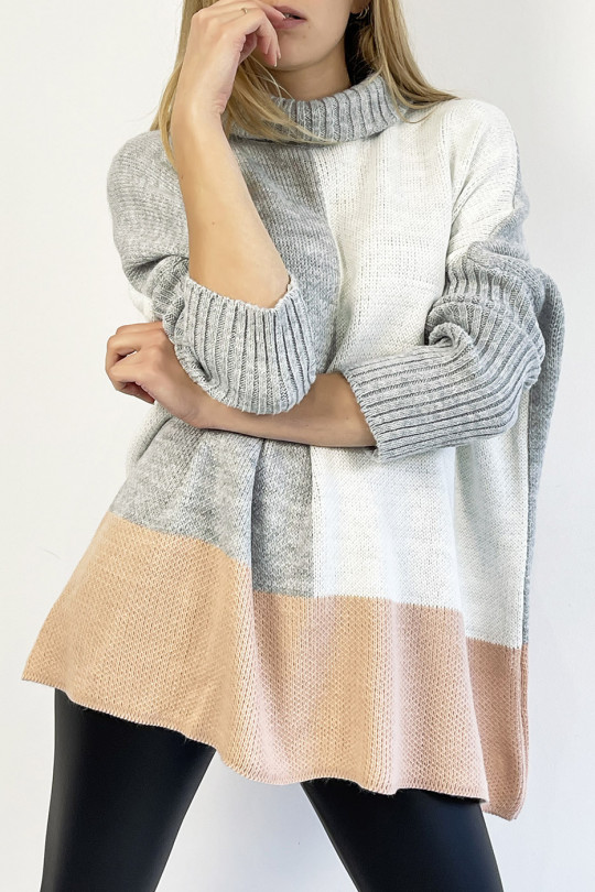 Long loose-fit tricolor gray, white and powder pink turtleneck sweater, warm and comfortable - 3
