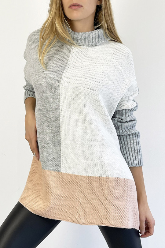 Long loose-fit tricolor gray, white and powder pink turtleneck sweater, warm and comfortable - 4