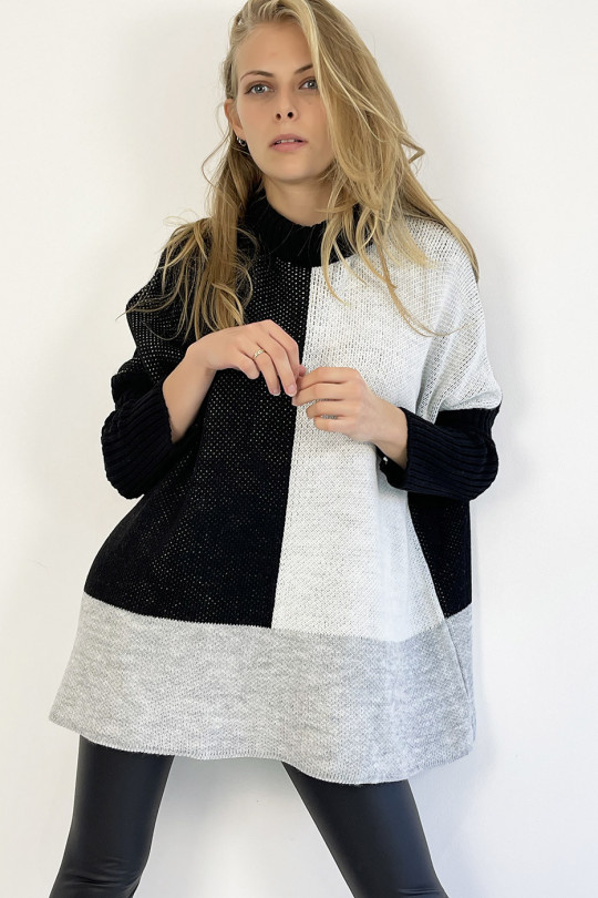 Long loose-fit black, white and gray tricolor turtleneck sweater, warm and comfortable - 4