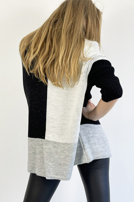Long loose-fit black, white and gray tricolor turtleneck sweater, warm and comfortable - 7