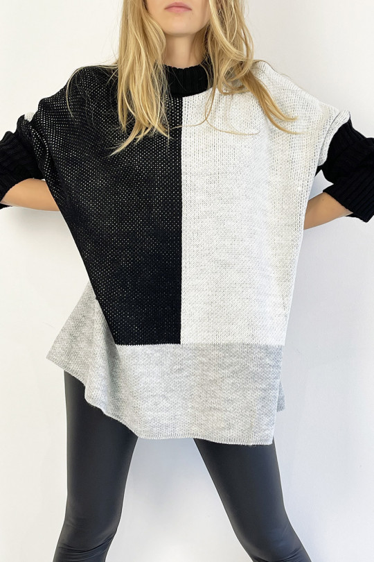 Long loose-fit black, white and gray tricolor turtleneck sweater, warm and comfortable - 8