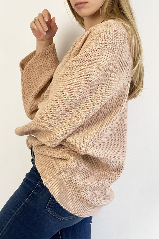 PuLL rose ample col V effet maille avec collier style bohème chic - 4