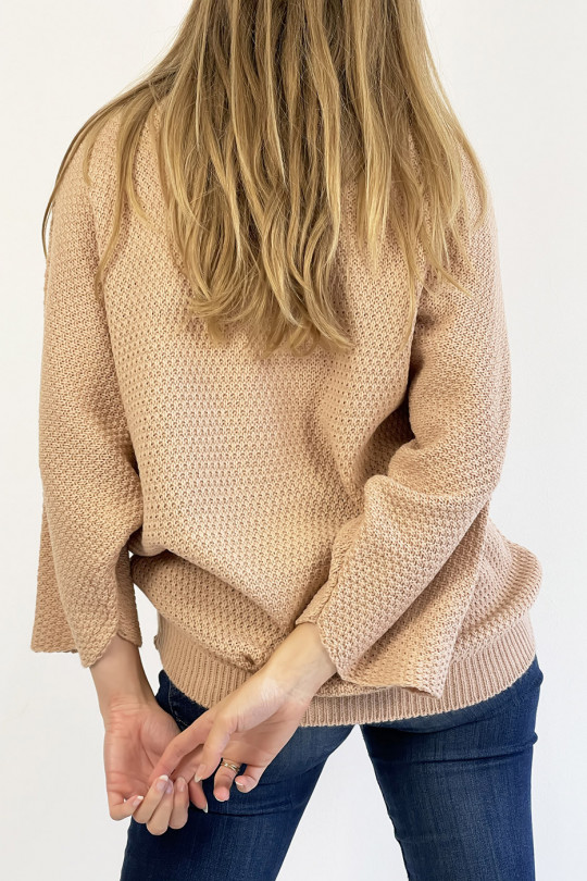 PuLL rose ample col V effet maille avec collier style bohème chic - 5
