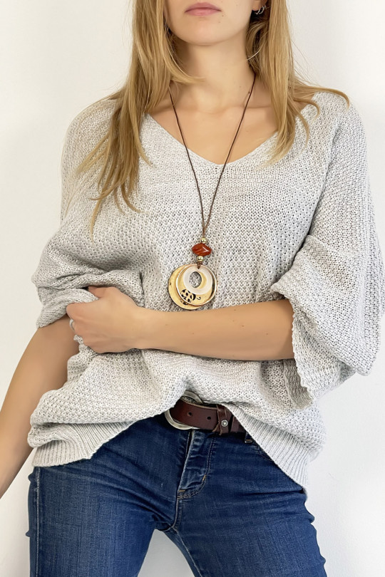 Loose gray V-neck knit effect sweater with bohemian chic style collar - 4