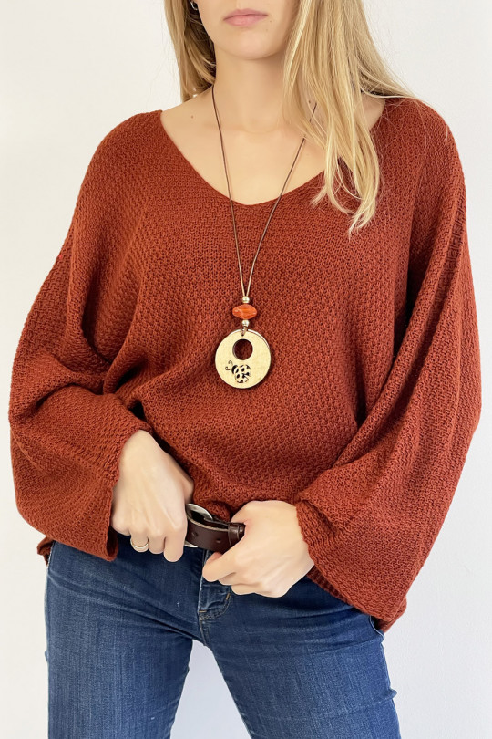 Loose burgundy sweater V-neck knit effect with bohemian chic style collar - 1