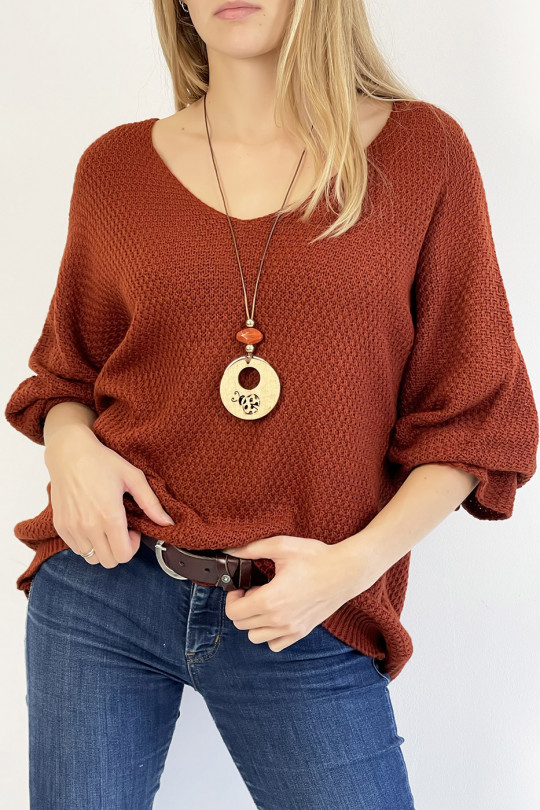 Loose burgundy sweater V-neck knit effect with bohemian chic style collar - 2