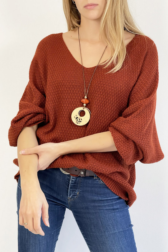 Loose burgundy sweater V-neck knit effect with bohemian chic style collar - 3