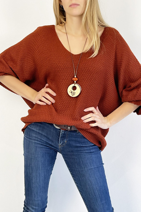 Loose burgundy sweater V-neck knit effect with bohemian chic style collar - 4
