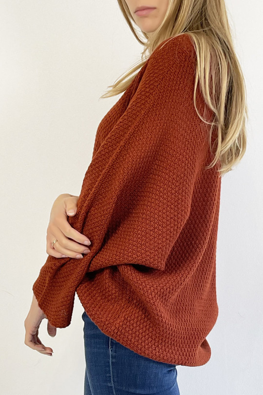 Loose burgundy sweater V-neck knit effect with bohemian chic style collar - 5