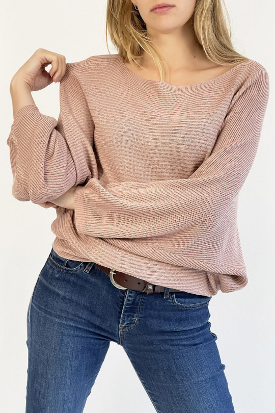 Lange wijde trui in roze met lineair patroon mesh-effect en wijde mouw met vleermuiseffect - 1 Lange wijde trui in roze met lineair patroon mesh-effect en wijde mouw met vleermuiseffect - 1