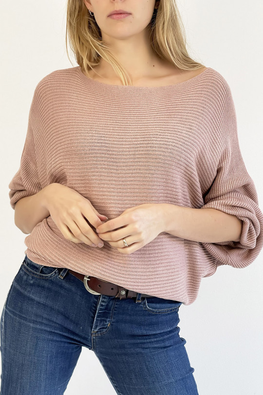 Lange wijde trui in roze met lineair patroon mesh-effect en wijde mouw met vleermuiseffect - 2 Lange wijde trui in roze met lineair patroon mesh-effect en wijde mouw met vleermuiseffect - 2