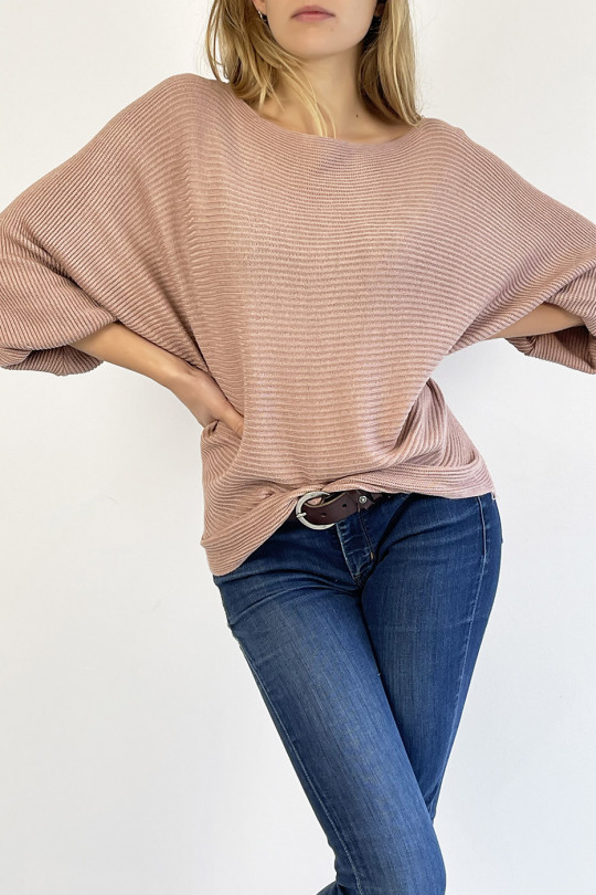 Long loose-fitting sweater in pink mesh effect with linear pattern and wide bat-effect sleeve - 4