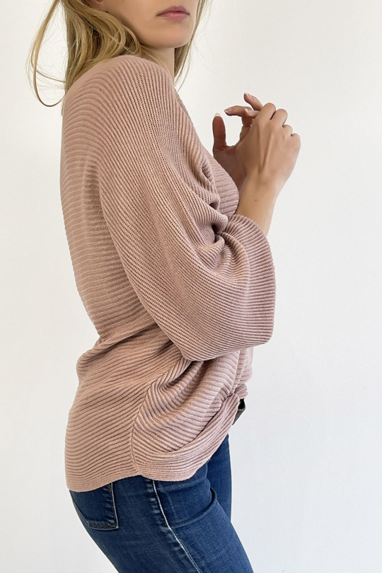 Long loose-fitting sweater in pink mesh effect with linear pattern and wide bat-effect sleeve - 5