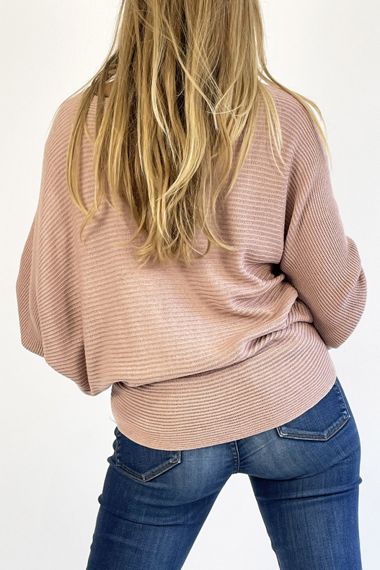 Lange wijde trui in roze met lineair patroon mesh-effect en wijde mouw met vleermuiseffect - 6 Lange wijde trui in roze met lineair patroon mesh-effect en wijde mouw met vleermuiseffect - 6