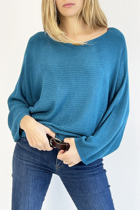 Long loose-fitting sweater in azure blue mesh effect with linear pattern and wide bat-effect sleeve - 1